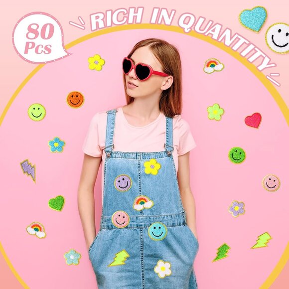 80 Pcs Colorful Chenille Embroidered Rainbow & Heart Patches - DIY Friendly, Sel - Picture 6 of 7